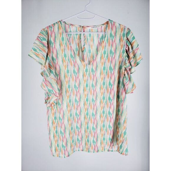 Caramel Tops - Caramela Colorful Pastel Medium Flutter Sleeve Blouse Top V-Neck Loose Fit EUC